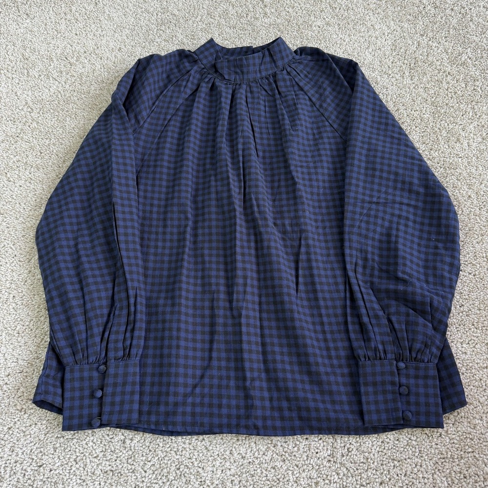 Ann Taylor Blouse Womens S Blue Check Mock Neck Long Sleeve Cotton Raglan Top